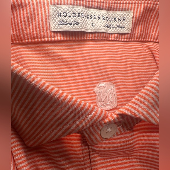 Holderness &  Bourne Men's Orange Striped Tailored Fit Polo Shirt Size L - Picture 5 of 6